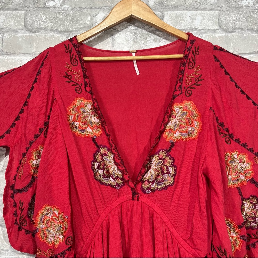 Free People Women's Small Cora Mini Dress Red Floral Embroidery Flutter Sleeve - Picture 7 of 15
